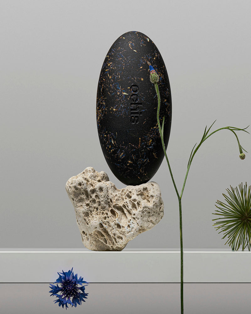 Black eco-friendly glasses case adorned with cornflower petals, highlighting its sustainable coffee-based design