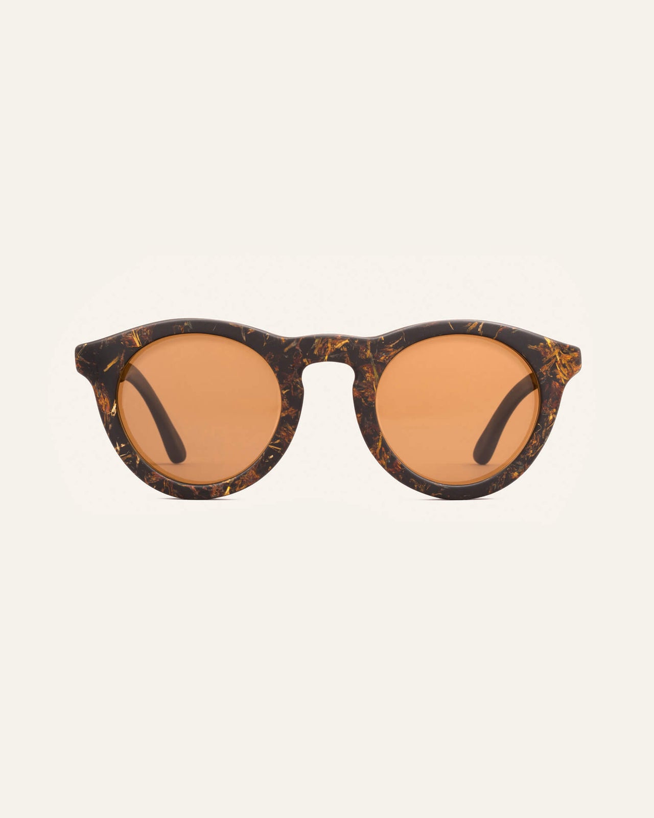 Laden Sie das Bild in den Galerie-Viewer, Stylish sunglasses with marigold petal details, crafted from coffee-based materials, featuring warm brown polarized lenses for UV protection