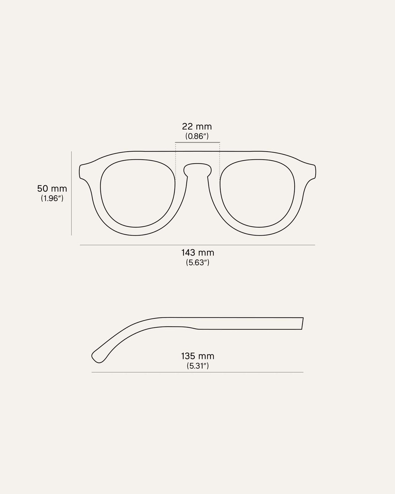 Laden Sie das Bild in den Galerie-Viewer, Technical diagram of eco-friendly sunglasses, showing precise frame and lens measurements for a perfect fit.
