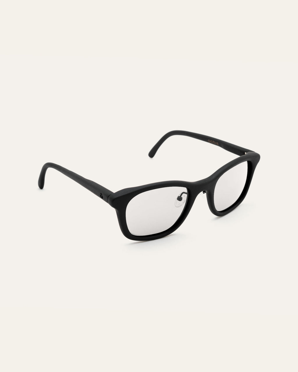 Side view of black optical frames, showcasing their sleek design and coffee-based eco-friendly materials