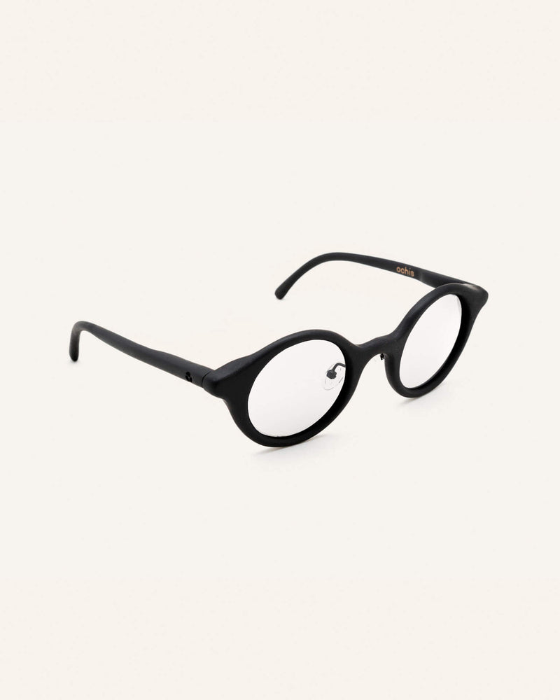 Round black optical frames made from coffee, showcasing a minimalist and eco-conscious design