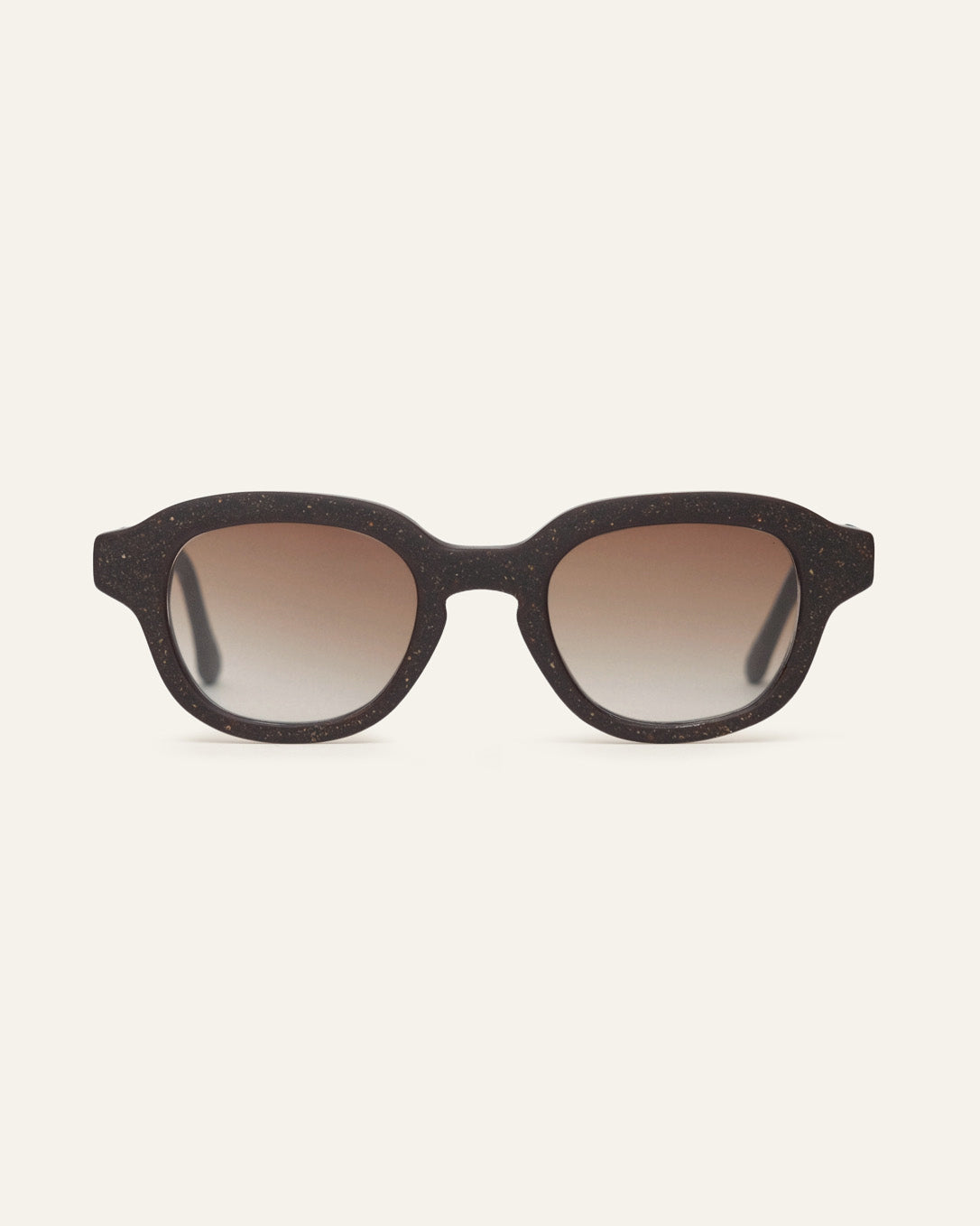 Create Warm rectangular sunglasses with brown lenses in a brown coffee-based frame with visible walnut shell particles