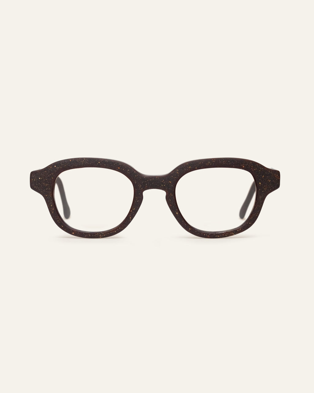 Create Focus rectangular eyeglasses in a brown coffee-based frame with visible walnut shell particles