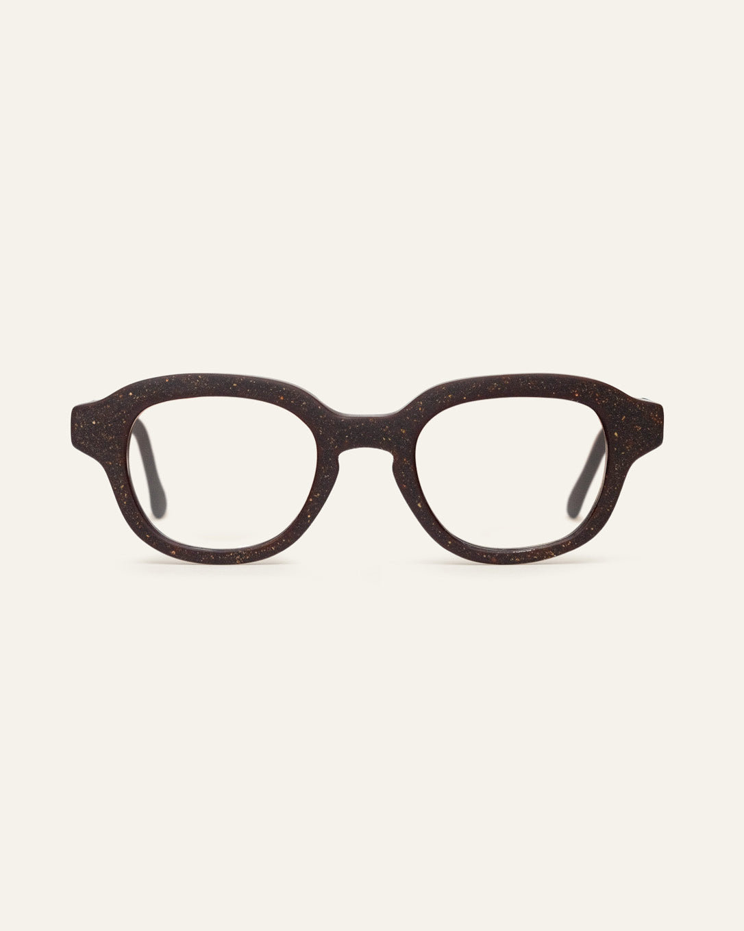 Create Focus rectangular eyeglasses in a brown coffee-based frame with visible walnut shell particles
