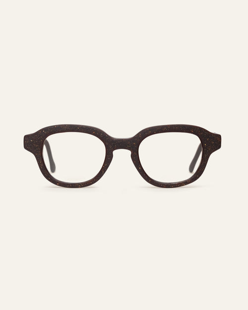 Create Focus rectangular eyeglasses in a brown coffee-based frame with visible walnut shell particles