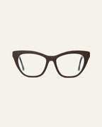 A pair of cat-eye eyeglasses with a dark brown speckled frame and clear lenses, shown against a solid off-white background.