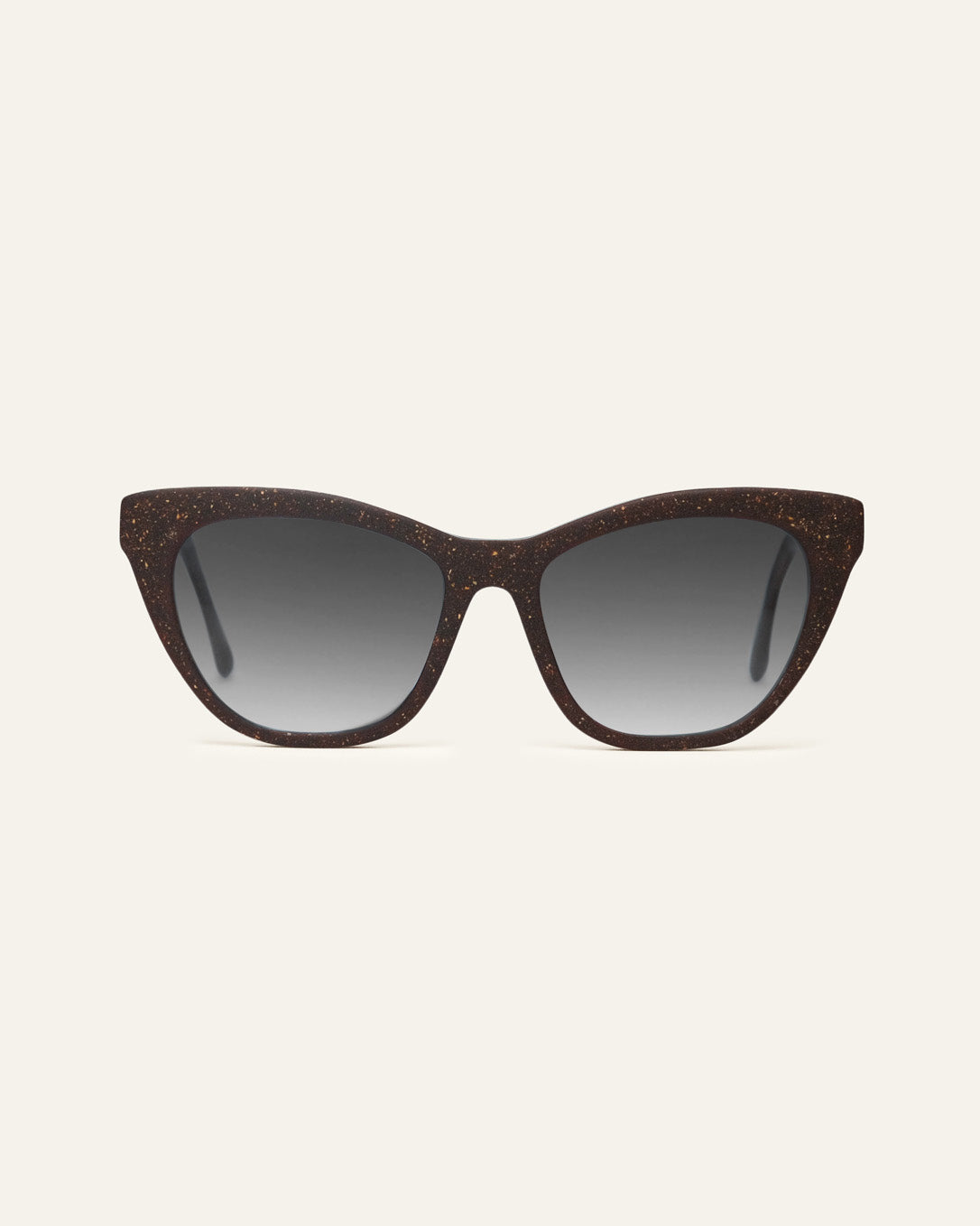 Define Quite cat-eye sunglasses with gray lenses in a brown coffee-based frame with visible walnut shell particles