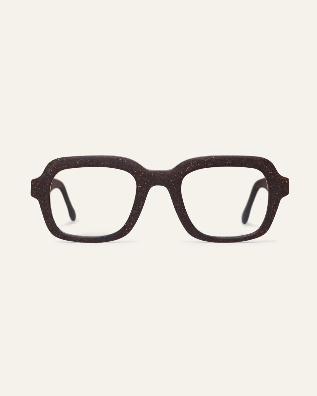 Lead Focus rectangular eyeglasses in a brown coffee-based frame with visible walnut shell particles