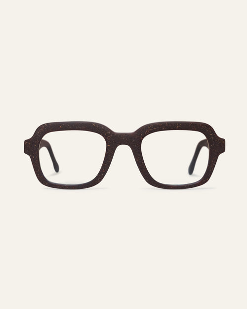Lead Focus rectangular eyeglasses in a brown coffee-based frame with visible walnut shell particles
