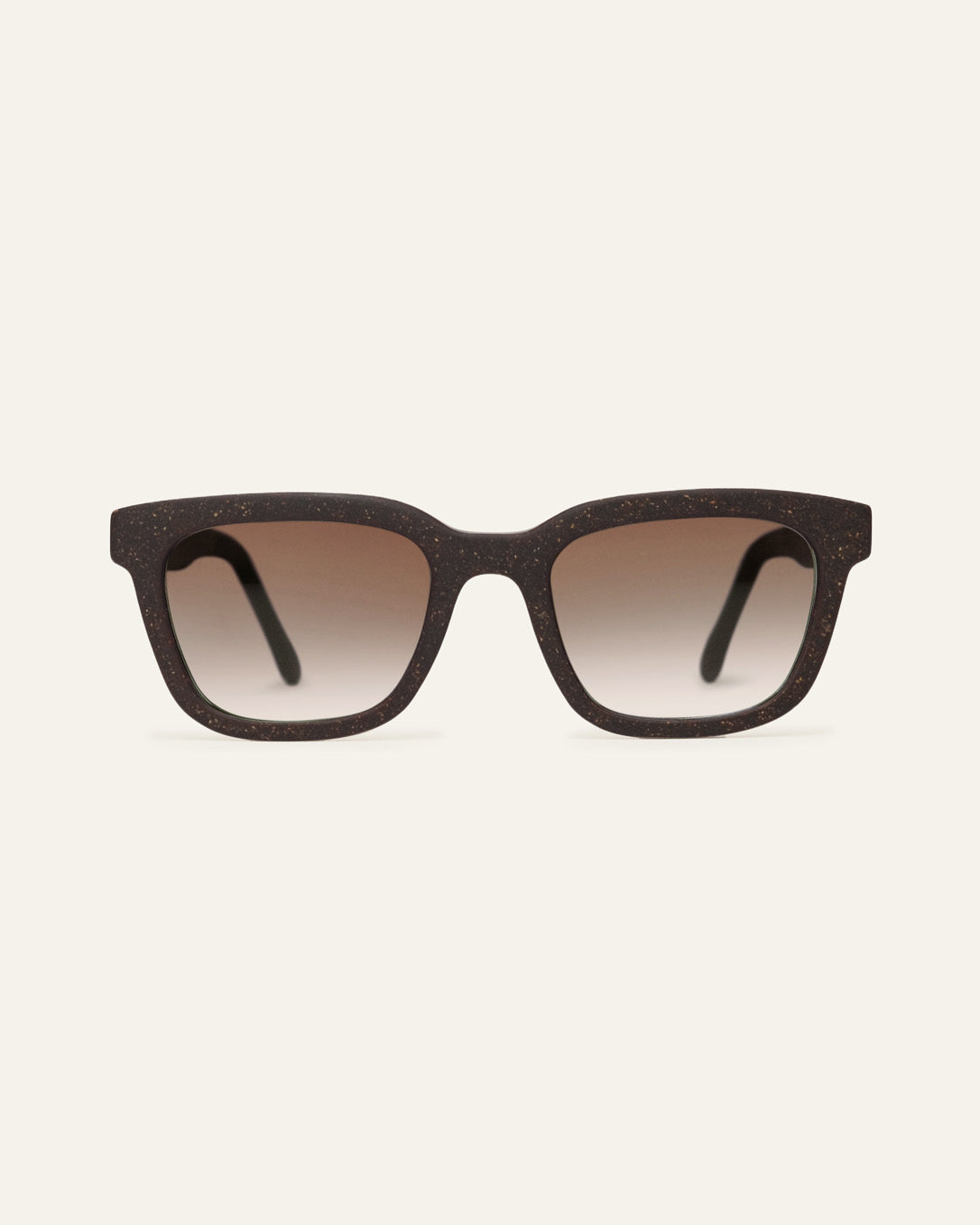 Front view of Move Warm rectangular sunglasses with brown lenses and a brown coffee-based frame with visible walnut shell particles