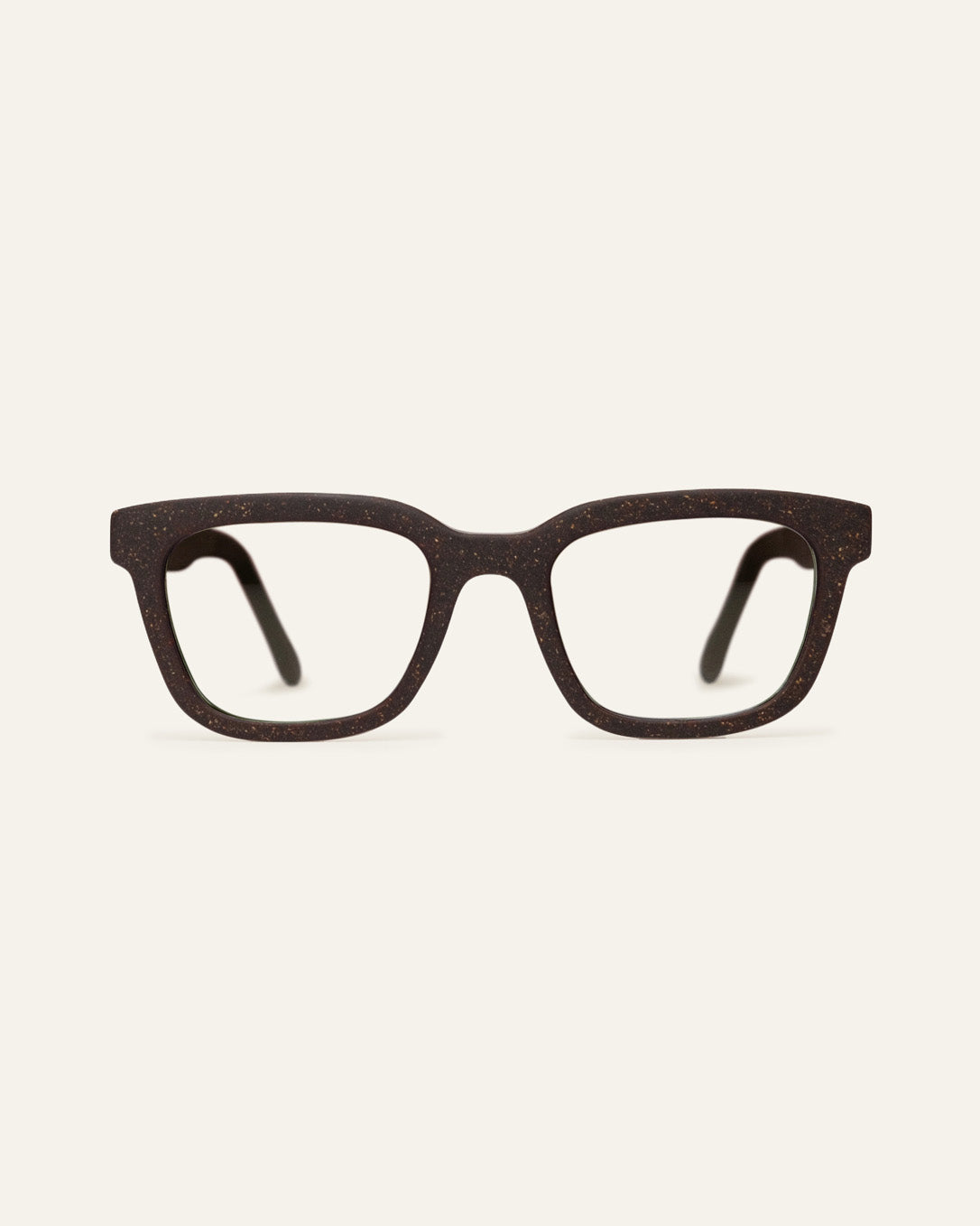 Front view of Velma Flax rectangular eyeglasses frame with visible flax straw particles on a light background