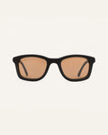 Dandy sunglasses with warm brown lenses on a white background, featuring a black coffee-based frame
