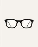 Dandy optical frames made from coffee materials, with a black front and flax-accented temples for corrective lenses