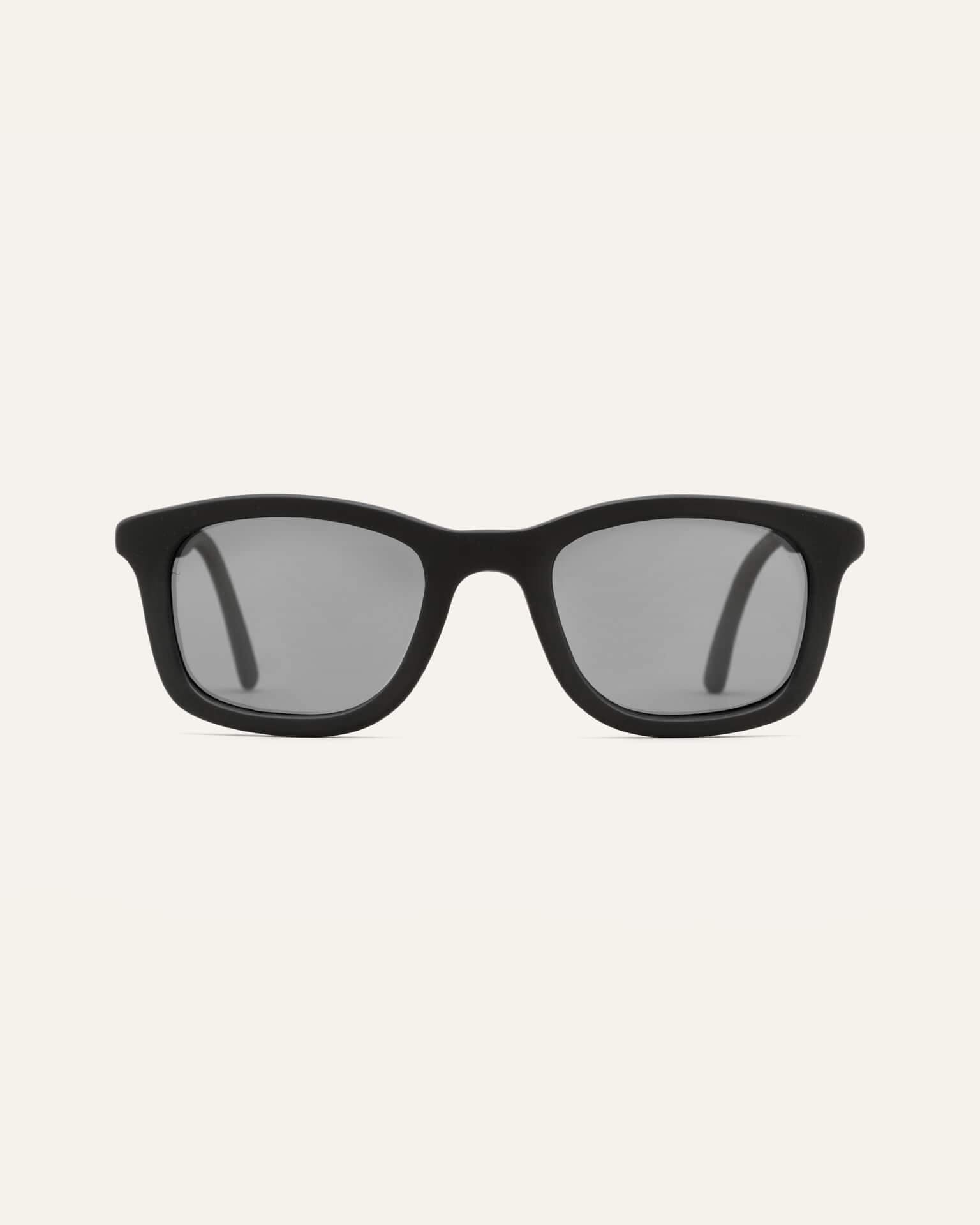 Close-up of sunglasses showcasing the black frame