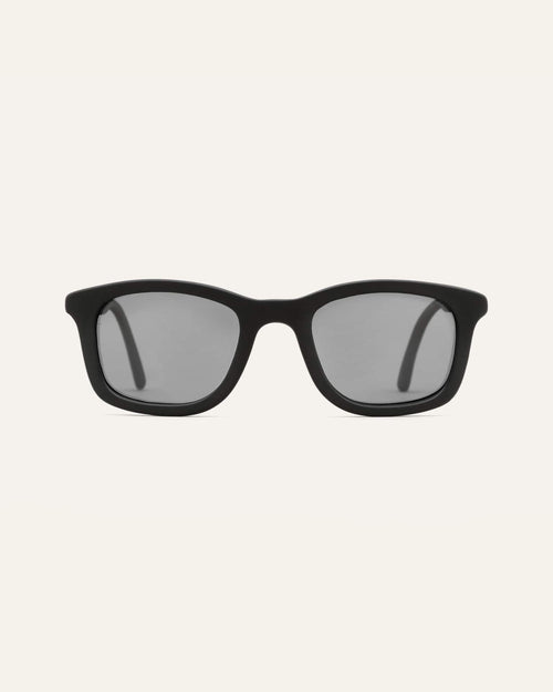 Close-up of sunglasses showcasing the black frame