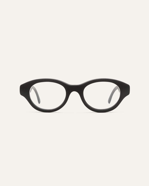 Black eco-friendly optical frame made from coffee-based materials, featuring a sleek oval design for corrective lenses