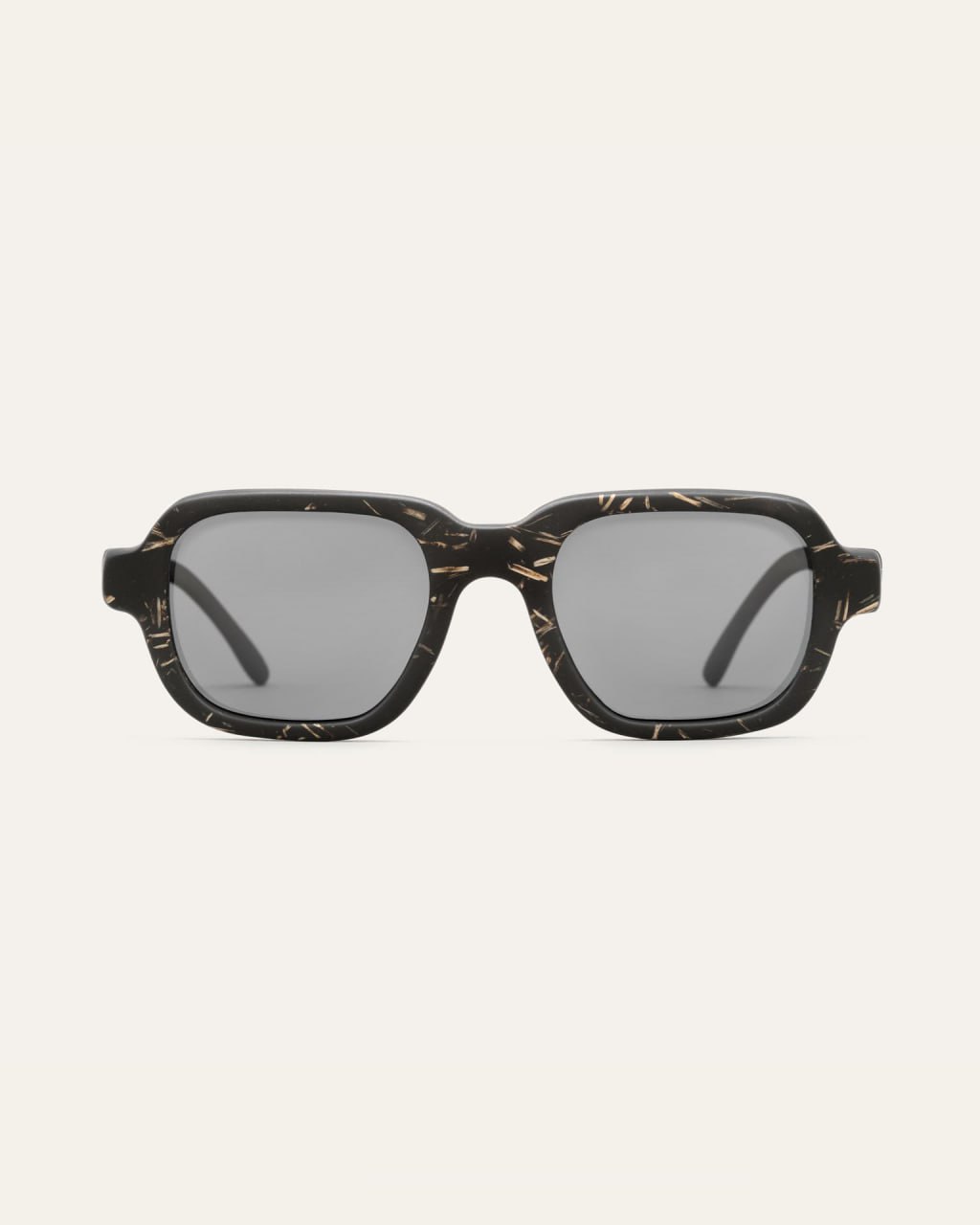 Load image into Gallery viewer, Black coffee-based sunglasses with gray lenses, natural flax accents on the frame.
