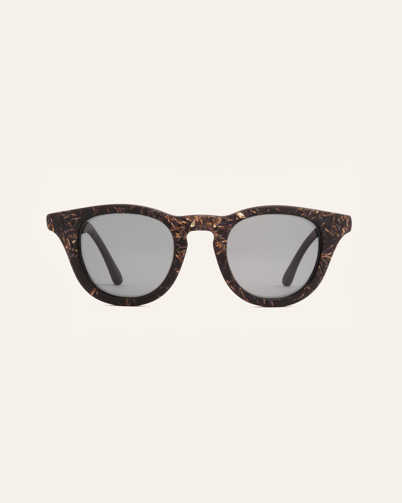 Load image into Gallery viewer, Sunglasses with gray lenses, crafted from coffee-based frames adorned with marigold petals for a natural look.
