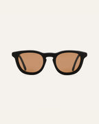 Anderson Black sunglasses with brown lenses on a white background, highlighting their minimalist and eco-friendly coffee-based design