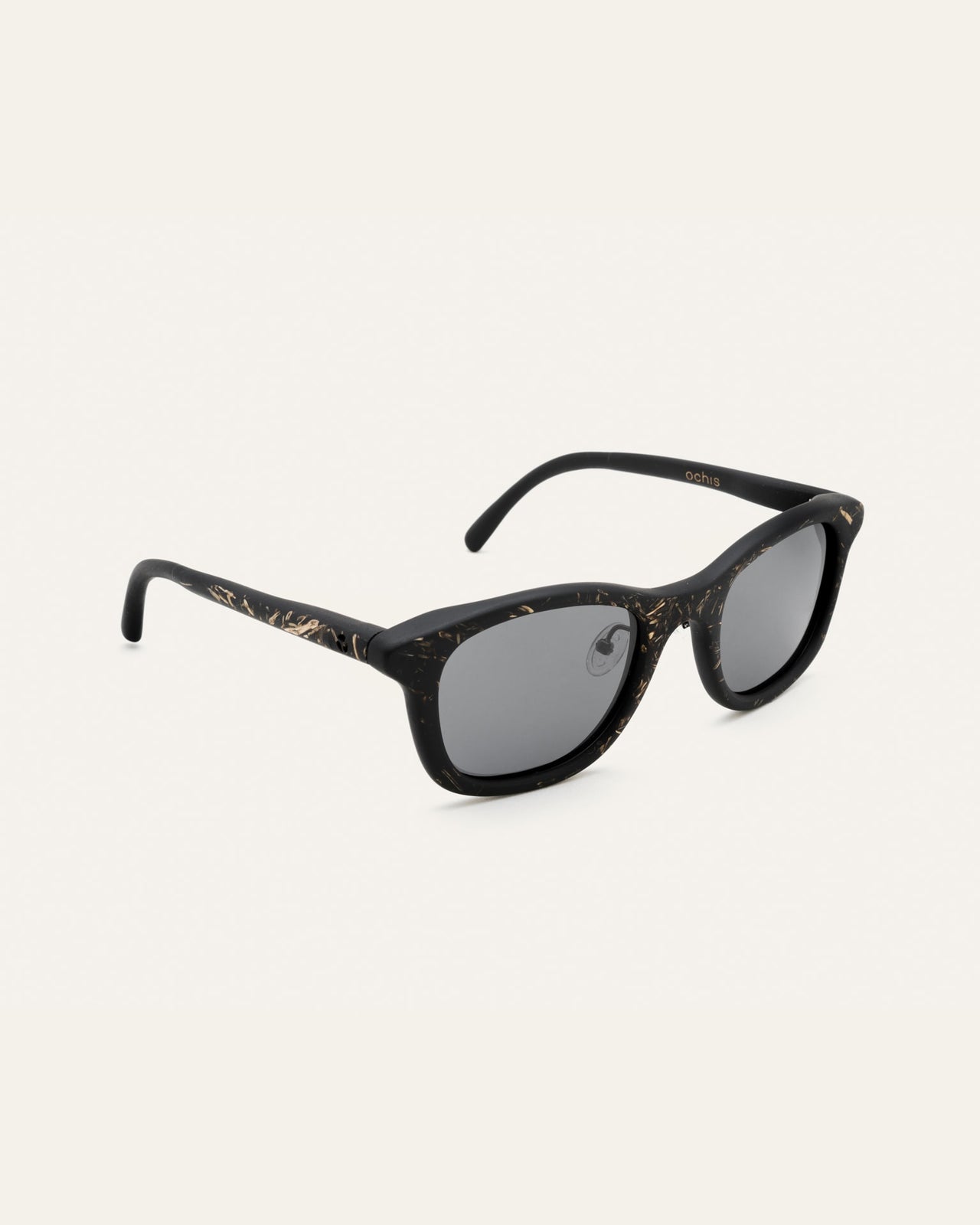 Load image into Gallery viewer, Side view of minimalist black sunglasses with flax accents, showcasing their natural and eco-friendly craftsmanship
