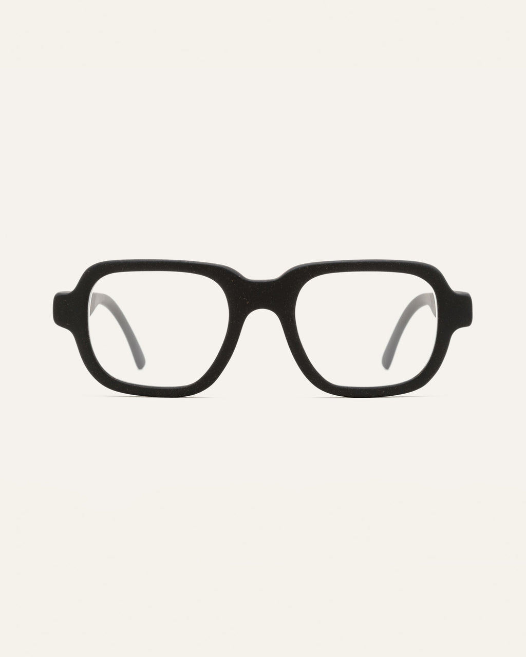 Black optical frames crafted from coffee-based materials, displayed on a neutral background.