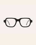 Black optical frames crafted from coffee-based materials, displayed on a neutral background.