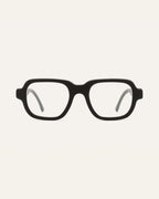 Black optical frames crafted from coffee-based materials, displayed on a neutral background.