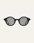 Round black sunglasses with gray lenses, designed for everyday comfort and style