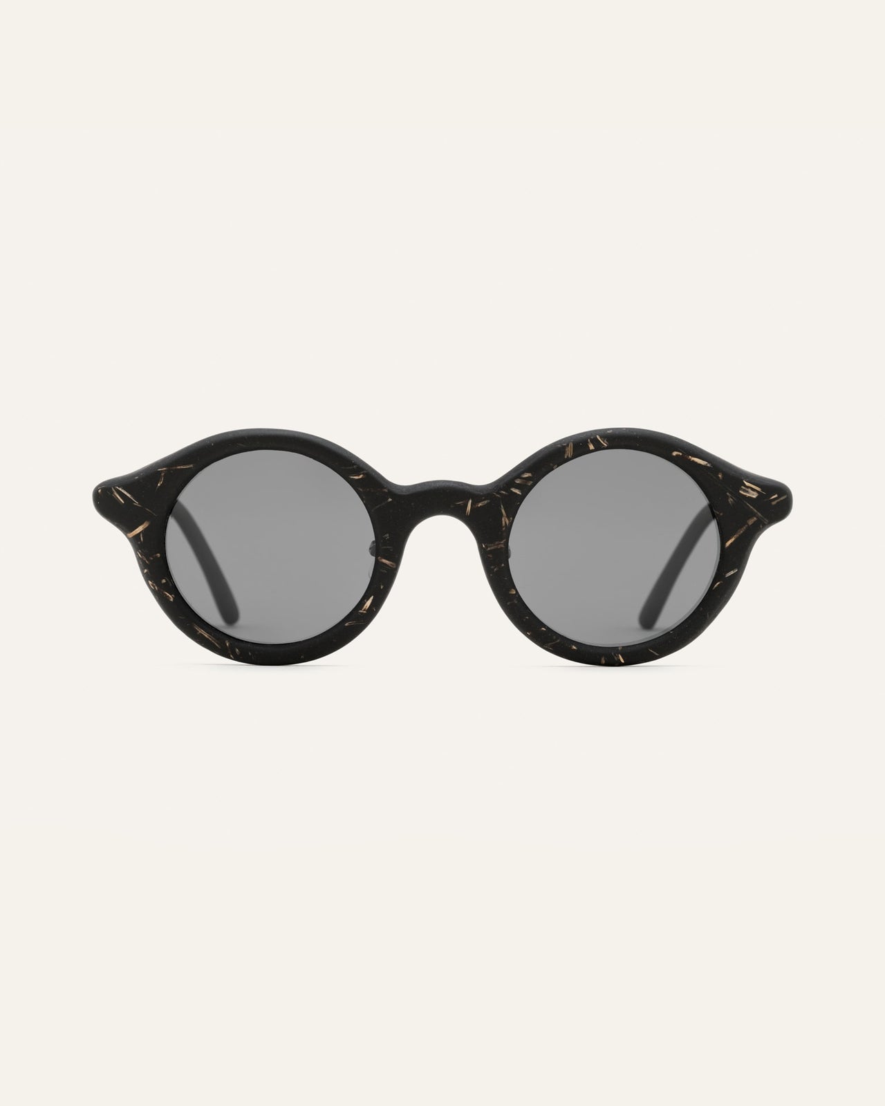 Load image into Gallery viewer, Round black sunglasses with gray lenses, featuring natural flax texture and eco-friendly materials
