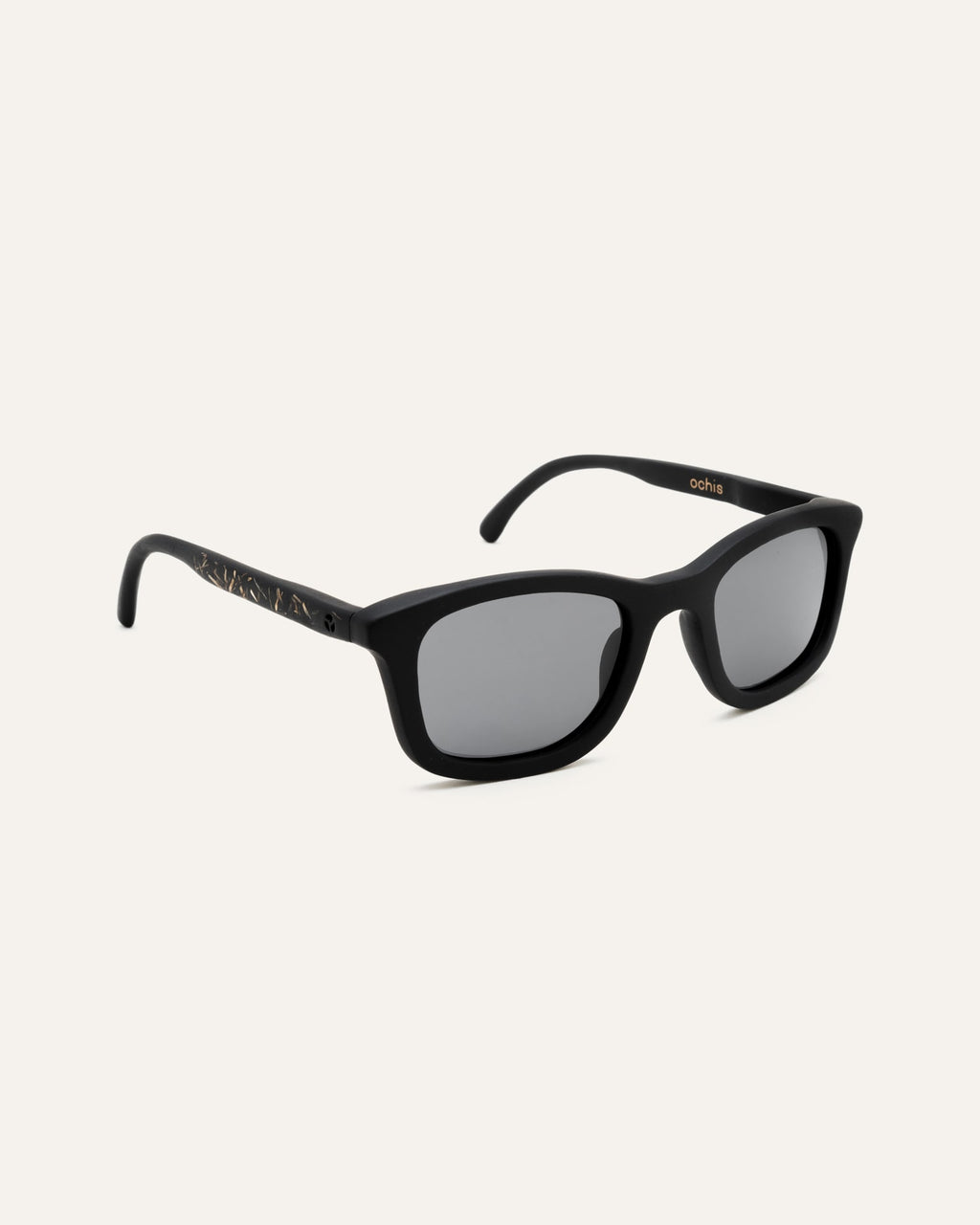 Coffee-based sunglasses with gray lenses, side view emphasizing lightweight design.