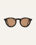 Black sunglasses with brown polarized lenses, featuring a unique texture of flax straw on the eco-friendly frames