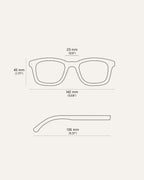 Technical drawing of the sunglasses, illustrating precise frame, lens, and temple measurements for a tailored fit