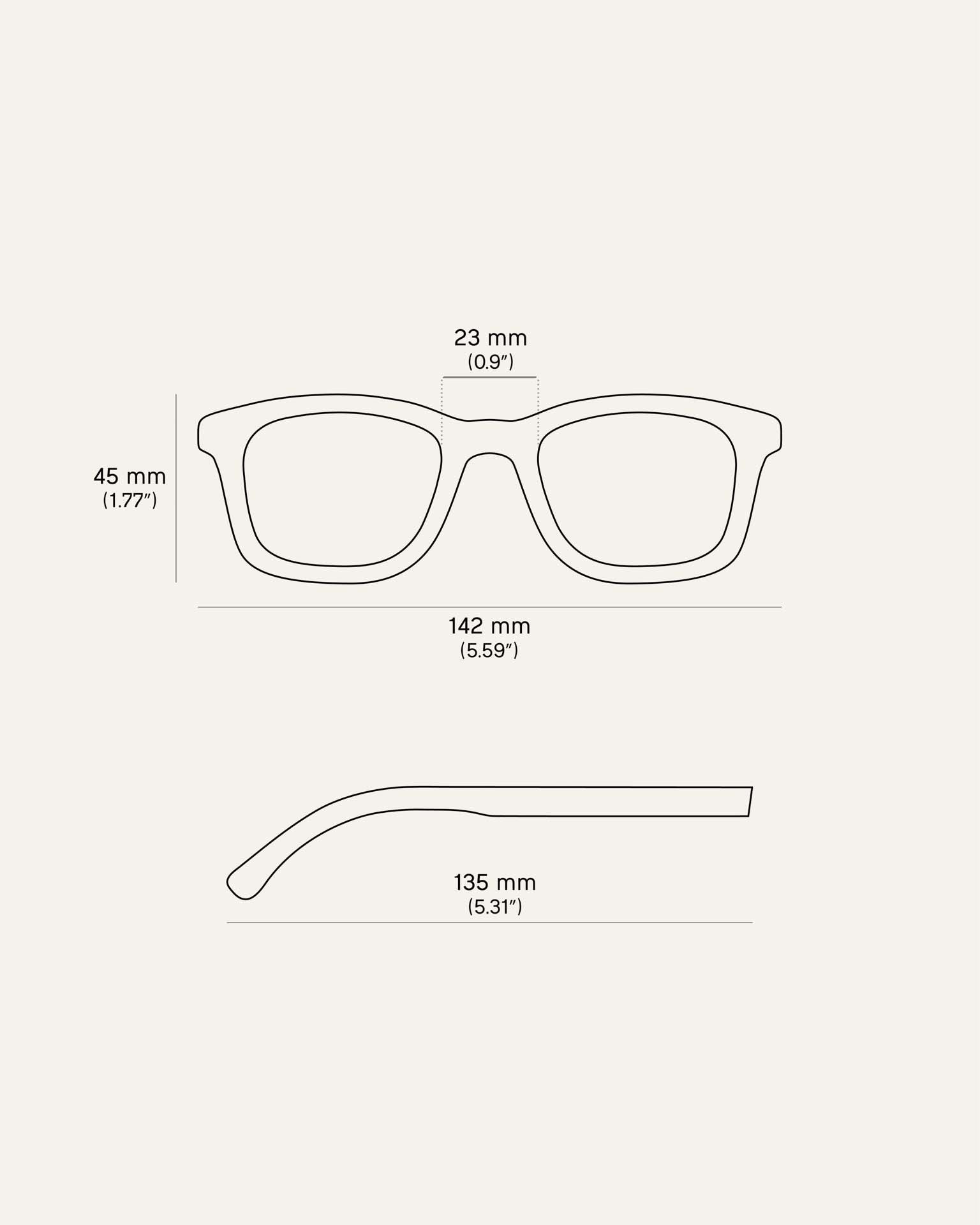 Technical drawing of the sunglasses, illustrating precise frame, lens, and temple measurements for a tailored fit