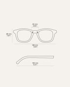 Technical sketch of Base sunglasses, showing precise dimensions of the frame and lenses.