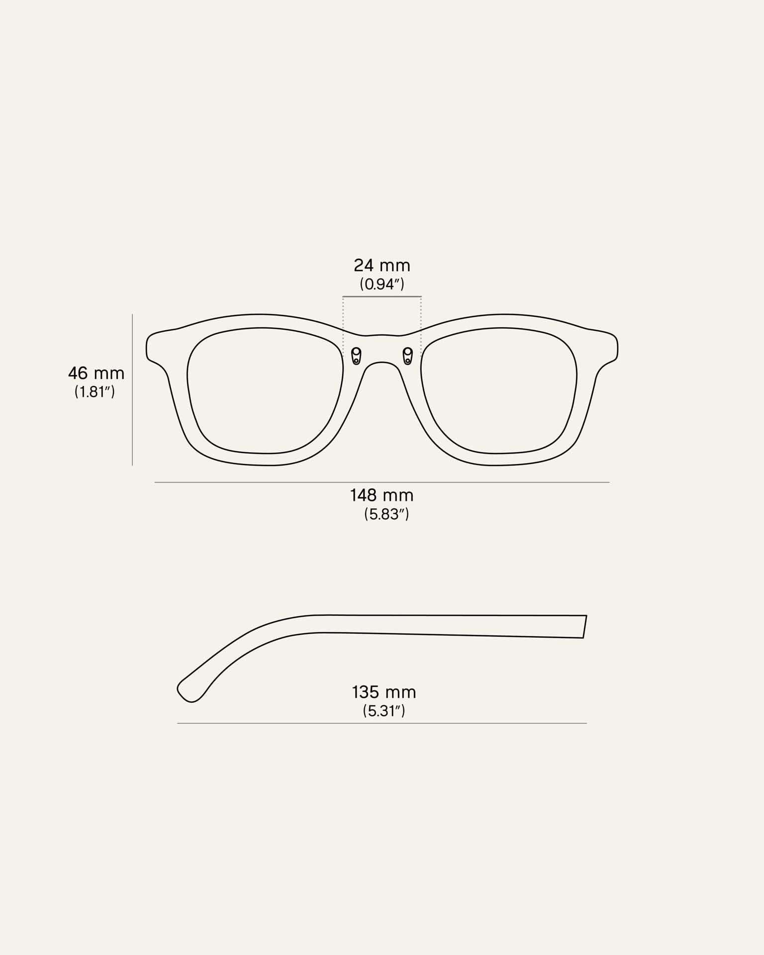 Technical sketch of black Base sunglasses, featuring precise measurements for fashion-forward individuals.