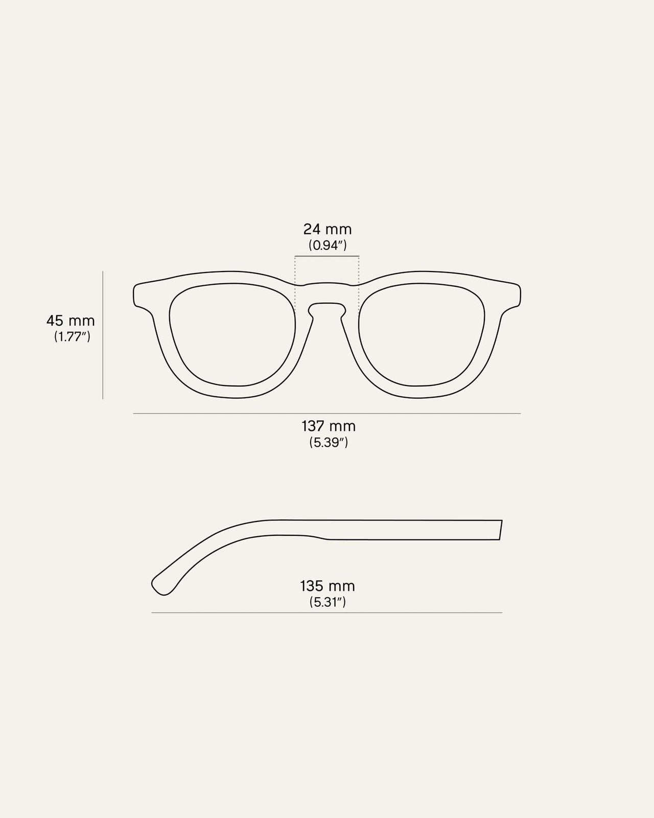 Load image into Gallery viewer, Technical drawing of Anderson Black sunglasses with precise measurements for lenses, bridge, and temples.
