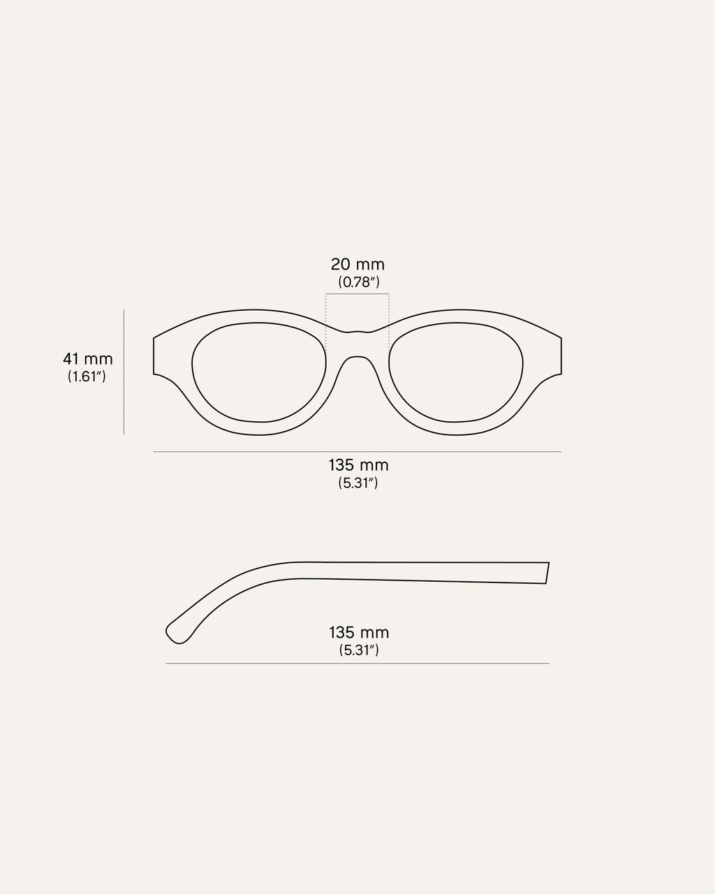 Diagram of biobased sunglasses with cornflower accents, showing precise dimensions of the frame and temples
