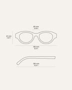 Diagram of biobased sunglasses with cornflower accents, showing precise dimensions of the frame and temples
