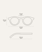 Technical drawing of Kole Krasa sunglasses, showing precise dimensions for the eco-friendly frame