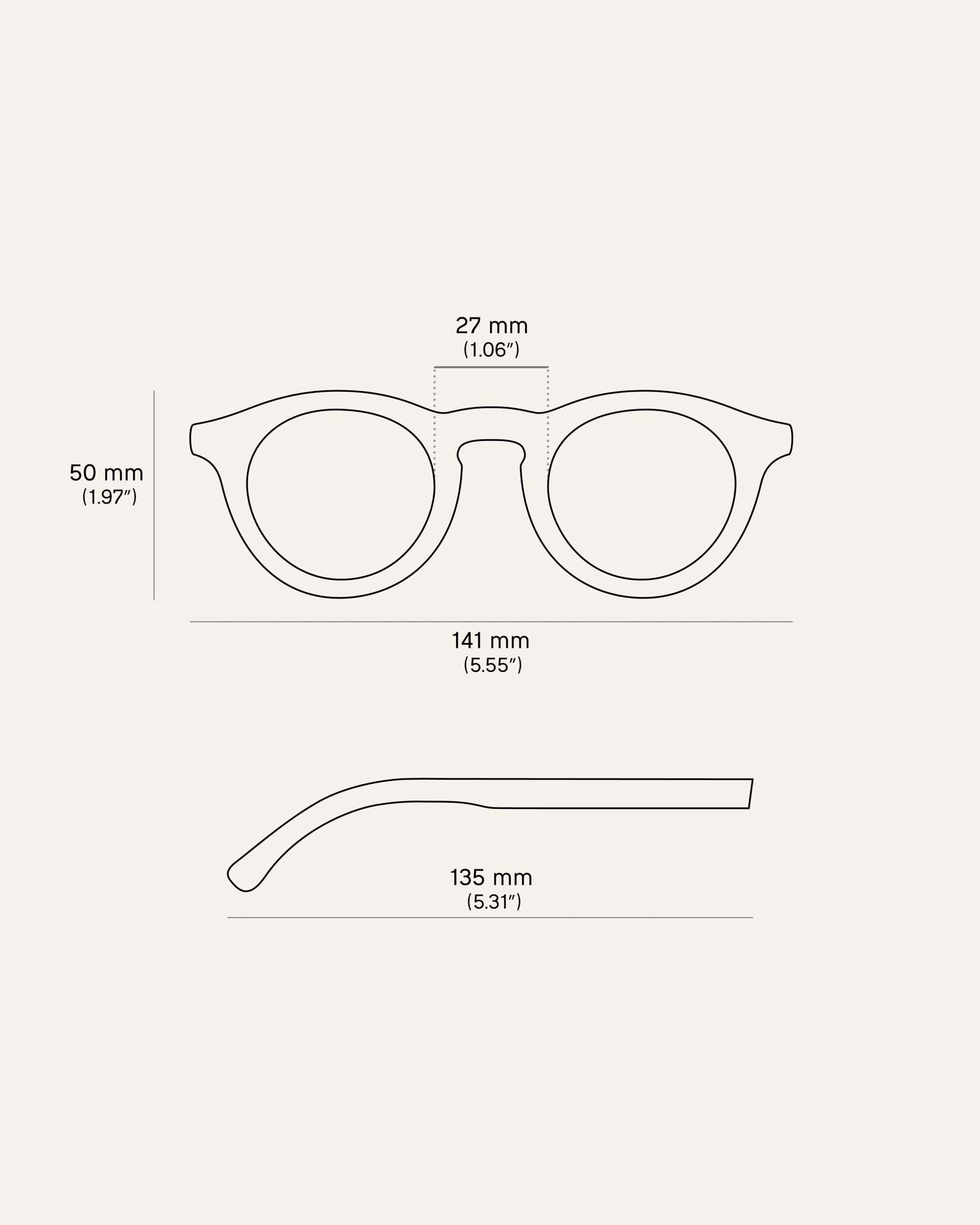 Technical drawing of Kole Krasa sunglasses, showing precise dimensions for the eco-friendly frame