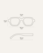 Technical sketch of precise frame and lens dimensions.