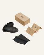 Complete set for sunglasses, including a protective eco-friendly case, cleaning cloth, and sustainable packaging